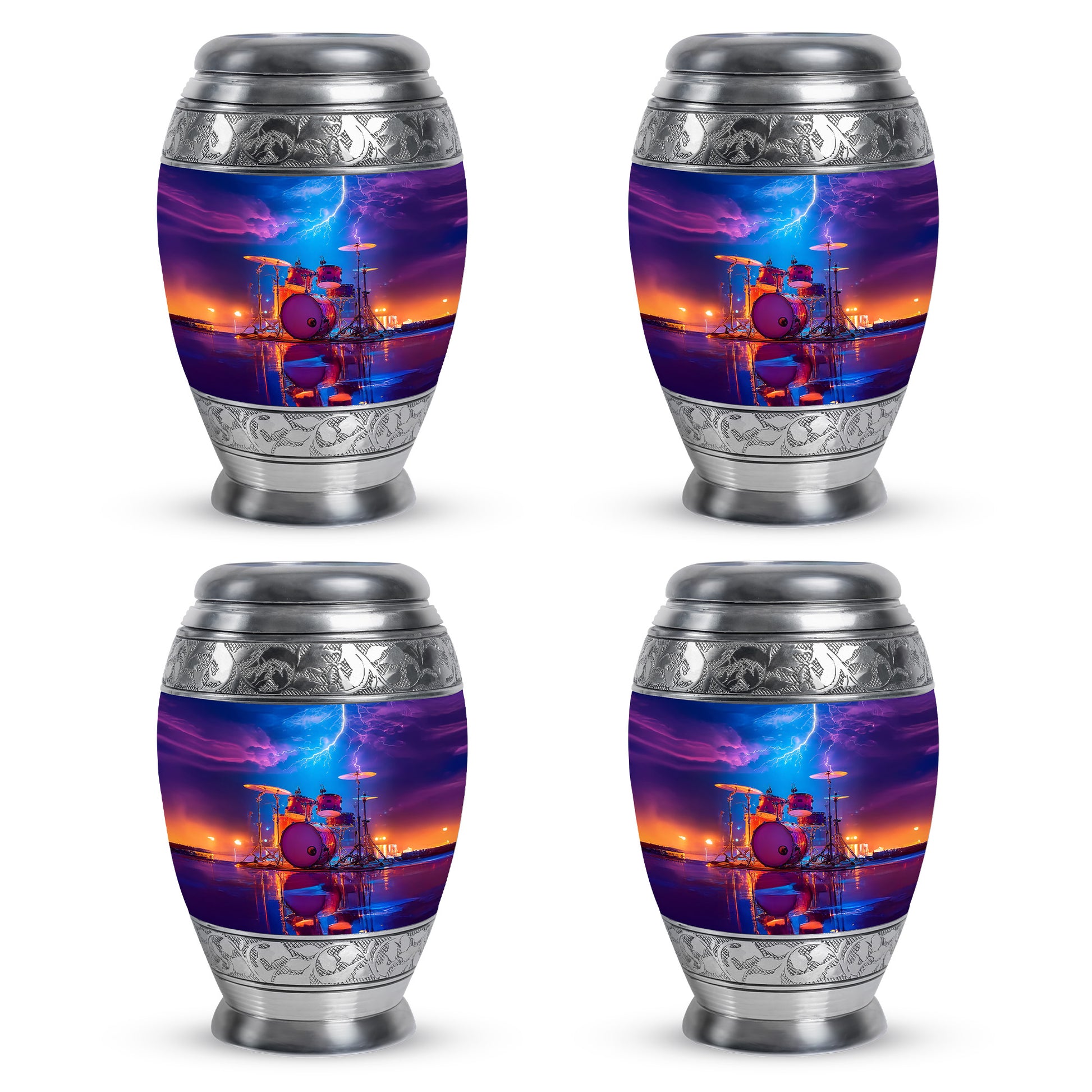 Twilight Blue Drums Cremation Urn urn with complimentary velvet bag - majestic drums pattern with filigree border - 10 inch aluminum urn for cremated remains