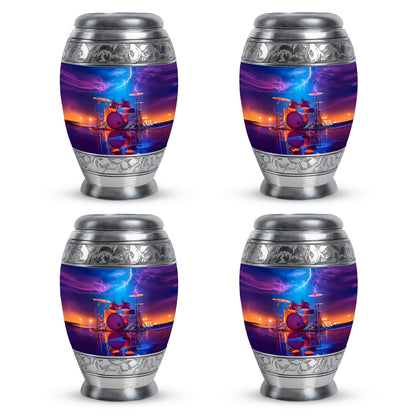 Twilight Blue Drums Cremation Urn urn with complimentary velvet bag - majestic drums pattern with filigree border - 10 inch aluminum urn for cremated remains