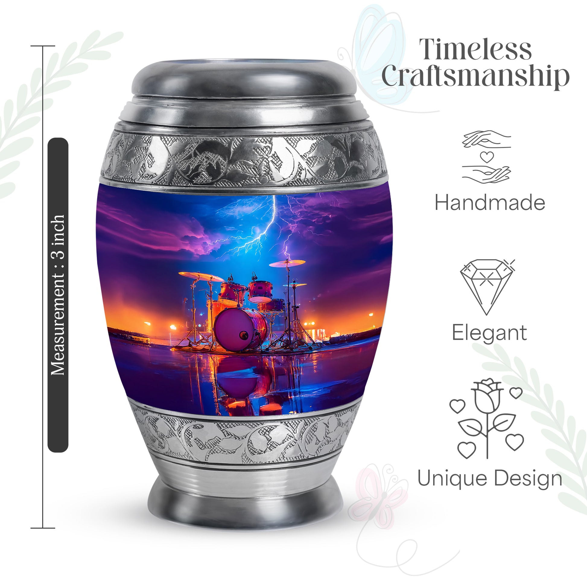 Icy Blue Drums Cremation Urn lifestyle display on memorial shelf - regal drums design with crown-inspired accents - mini keepsake memorial for portion of cremation ashes