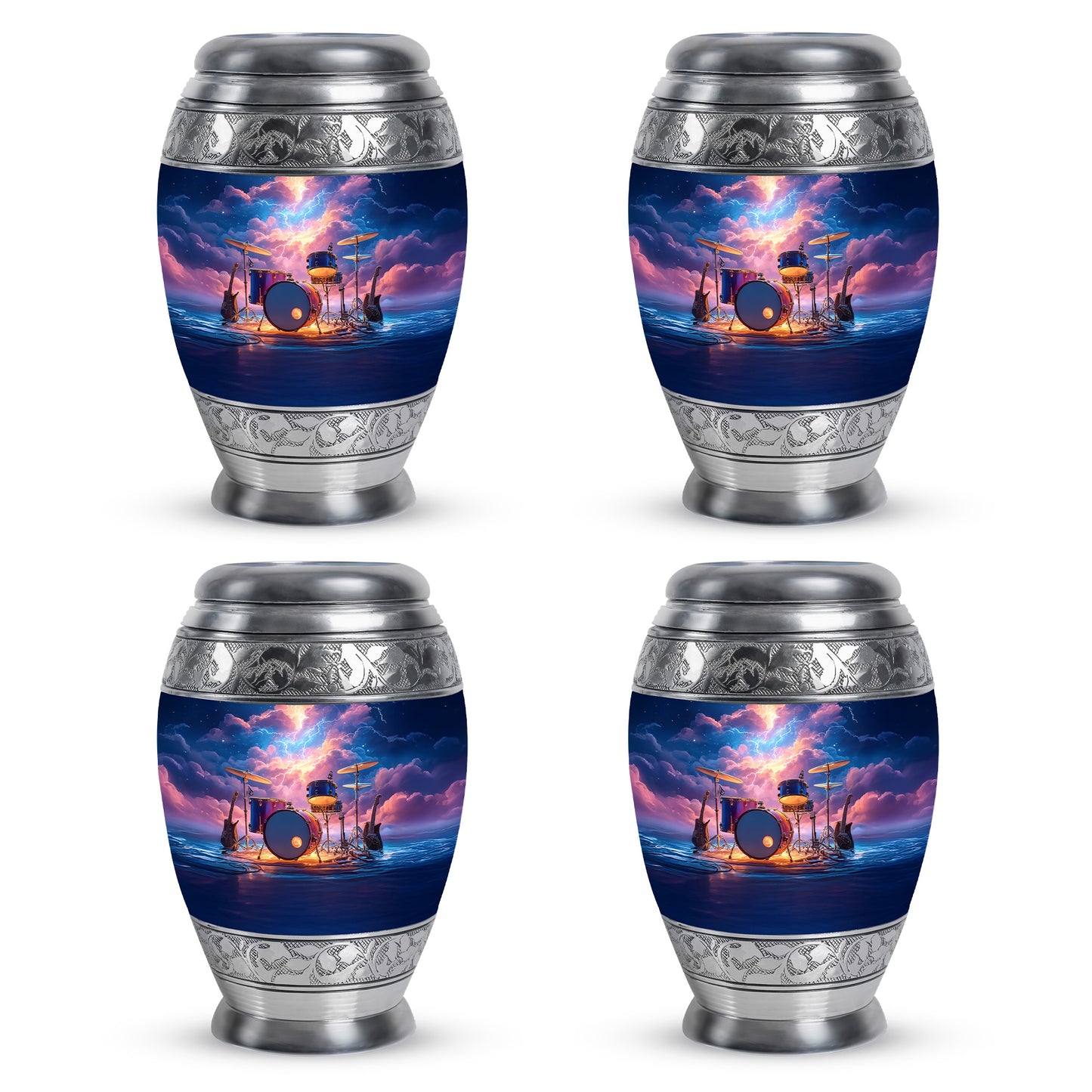 Pastel Blue Drums Cremation Urn urn with complimentary velvet bag - regal drums design with crown-inspired accents - 10 inch aluminum urn for cremated remains