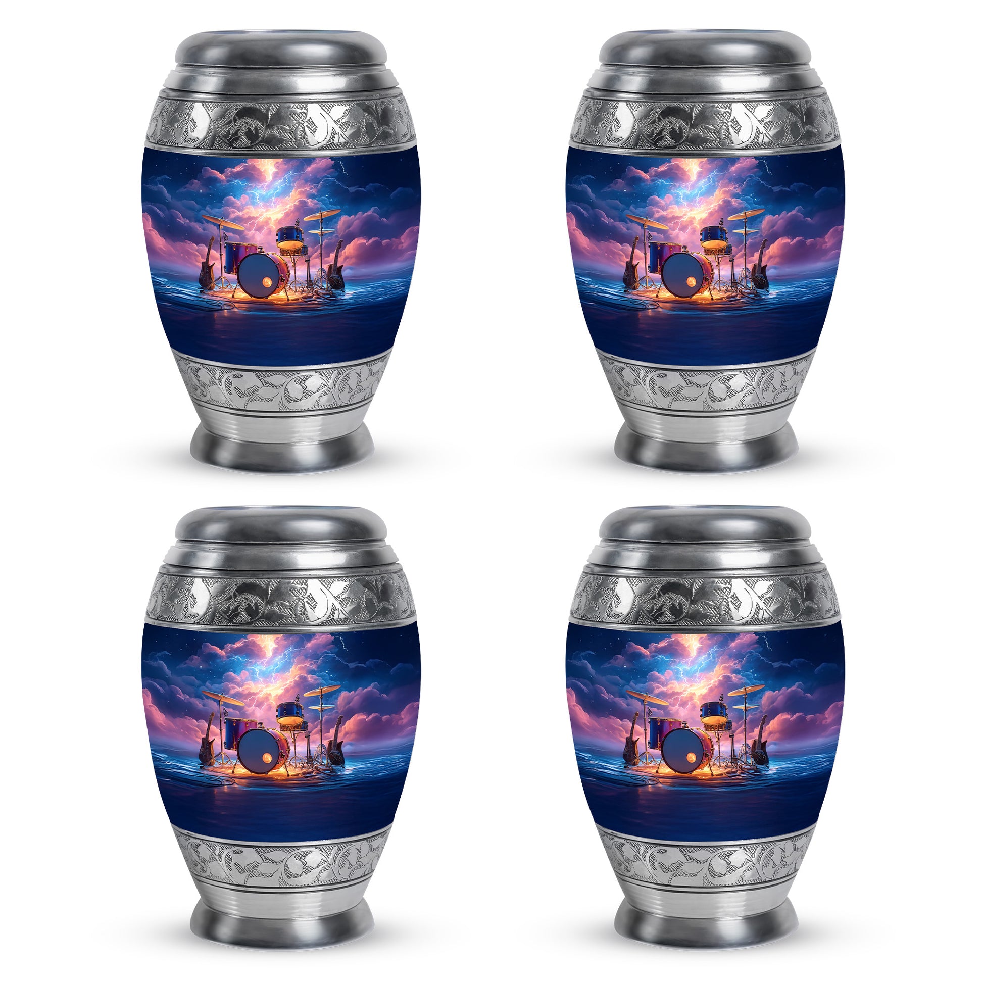 Pastel Blue Drums Cremation Urn urn with complimentary velvet bag - regal drums design with crown-inspired accents - 10 inch aluminum urn for cremated remains