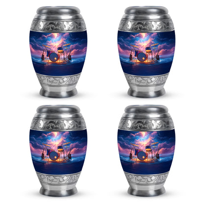 Pastel Blue Drums Cremation Urn urn with complimentary velvet bag - regal drums design with crown-inspired accents - 10 inch aluminum urn for cremated remains