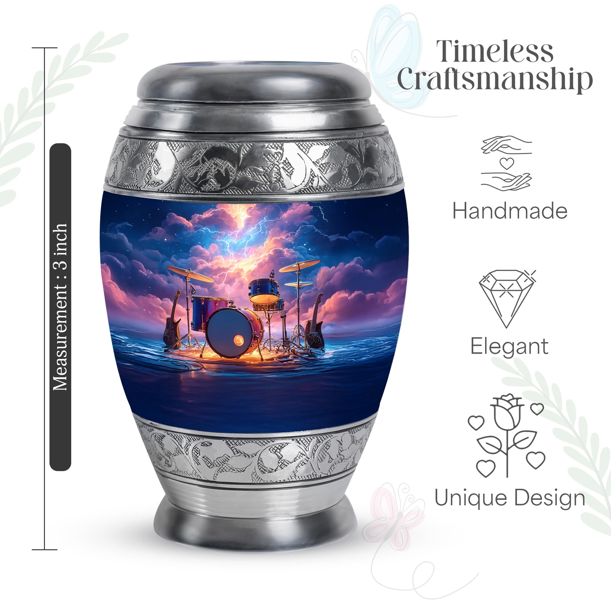 Cornflower Blue Drums Cremation Urn lifestyle display on memorial shelf - majestic drums pattern with filigree border - mini keepsake memorial for portion of cremation ashes