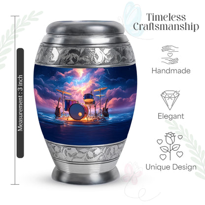 Cornflower Blue Drums Cremation Urn lifestyle display on memorial shelf - majestic drums pattern with filigree border - mini keepsake memorial for portion of cremation ashes