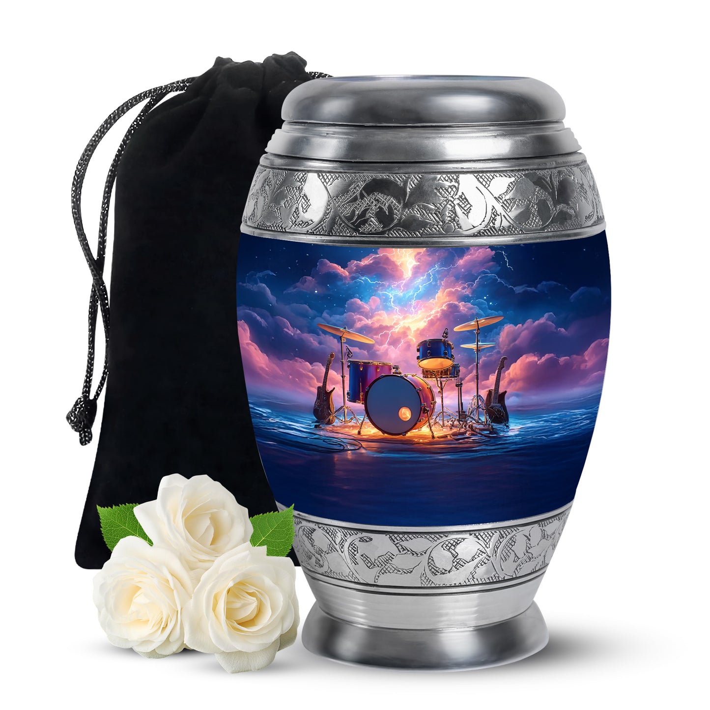 Slate Blue Drums Cremation Urn back view with polished surface - regal drums design with crown-inspired accents - full-size 10 inch 200 cubic inch adult cremation urn