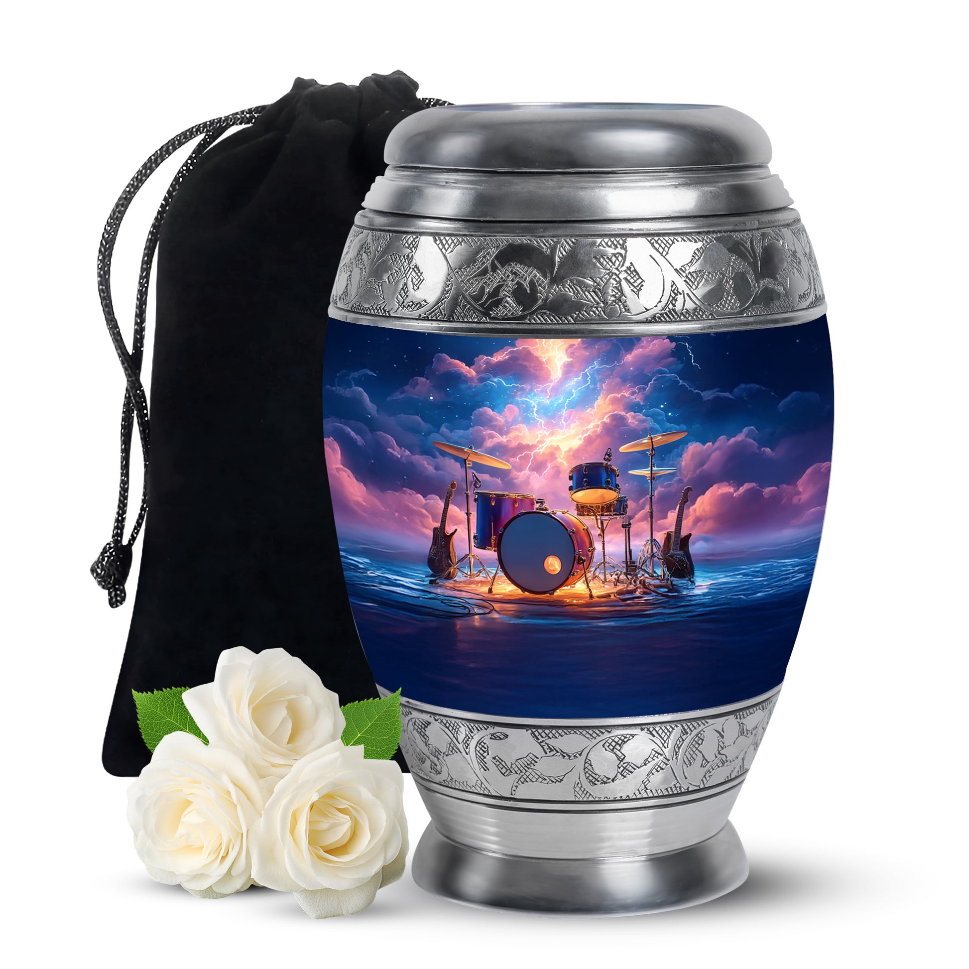 Slate Blue Drums Cremation Urn back view with polished surface - regal drums design with crown-inspired accents - full-size 10 inch 200 cubic inch adult cremation urn