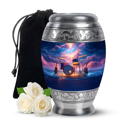 Slate Blue Drums Cremation Urn back view with polished surface - regal drums design with crown-inspired accents - full-size 10 inch 200 cubic inch adult cremation urn