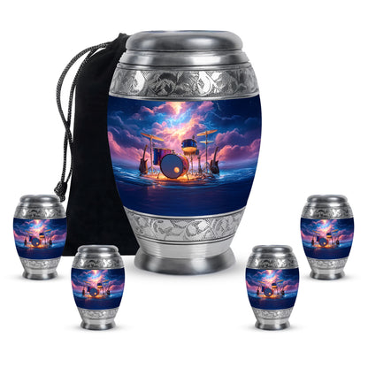 Pastel Blue Drums Cremation Urn detail view - regal drums design with crown-inspired accents - memorial set with one large and four small urns