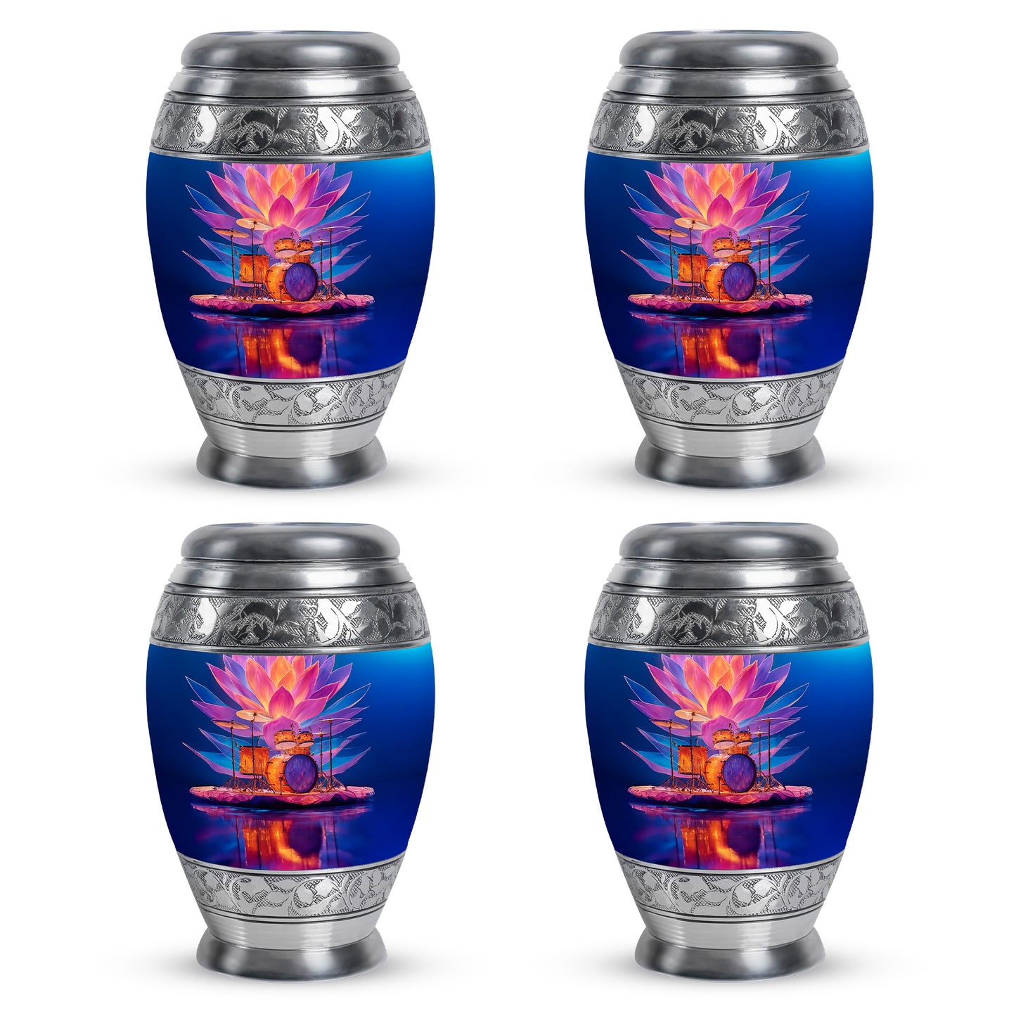 Cobalt Blue Drums Cremation Urn urn with complimentary velvet bag - royal drums engraving with decorative scrollwork - 10 inch aluminum urn for cremated remains