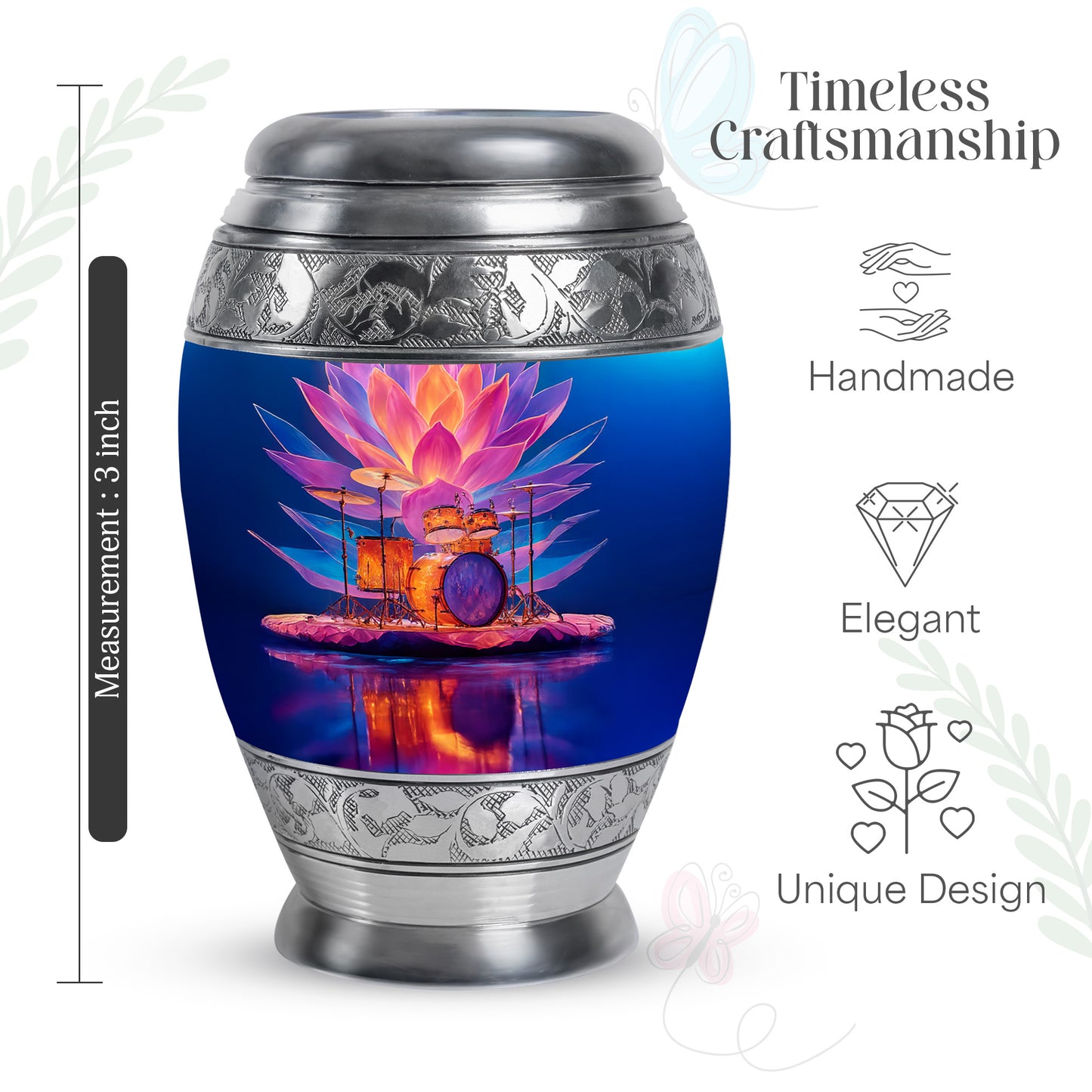 Sky Blue Drums Cremation Urn lifestyle display on memorial shelf - ornate monarch-style drums relief on brushed aluminum - mini keepsake memorial for portion of cremation ashes