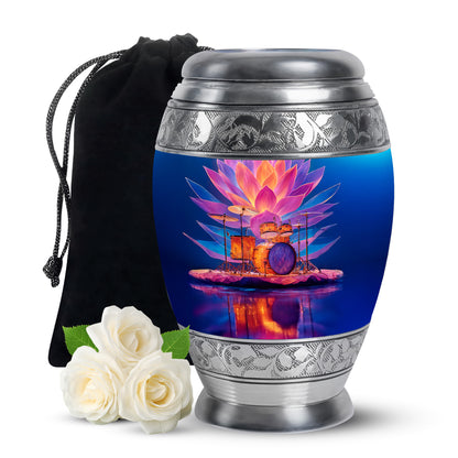 Pastel Blue Drums Cremation Urn back view with polished surface - ornate monarch-style drums relief on brushed aluminum - full-size 10 inch 200 cubic inch adult cremation urn
