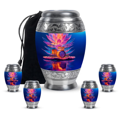 Vivid Blue Drums Cremation Urn detail view - majestic drums pattern with filigree border - memorial set with one large and four small urns