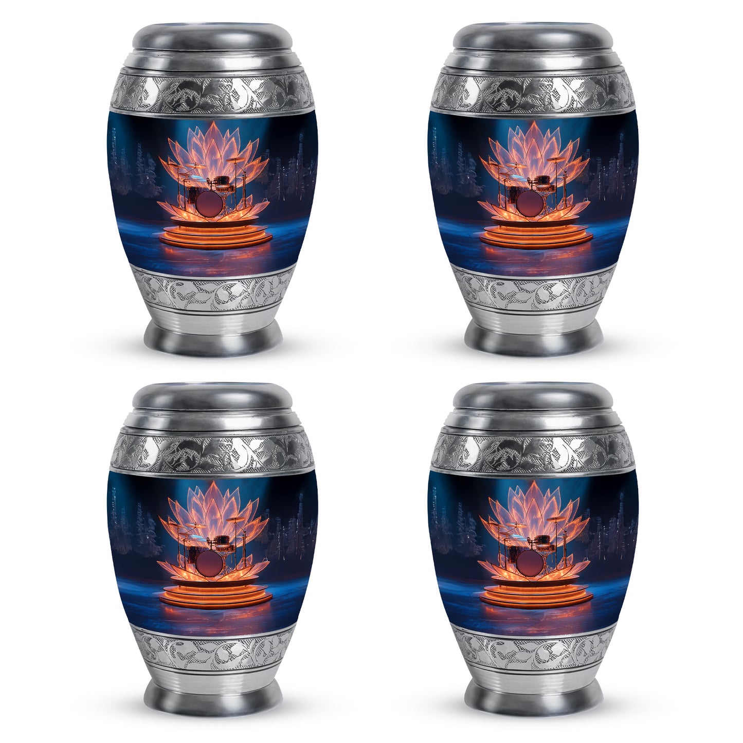 Celestial Blue Drums Cremation Urn urn with complimentary velvet bag - regal drums design with crown-inspired accents - 10 inch aluminum urn for cremated remains
