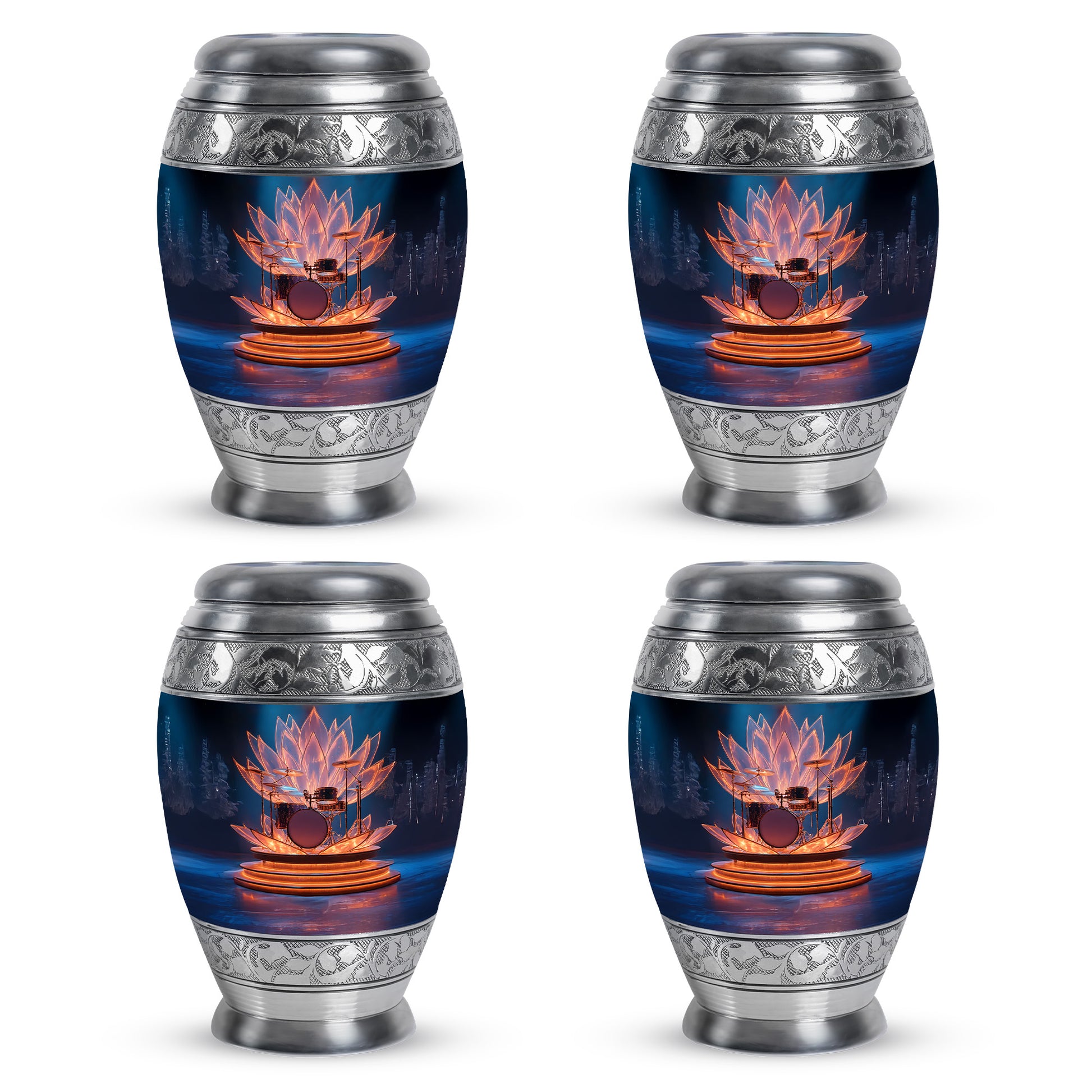 Celestial Blue Drums Cremation Urn urn with complimentary velvet bag - regal drums design with crown-inspired accents - 10 inch aluminum urn for cremated remains