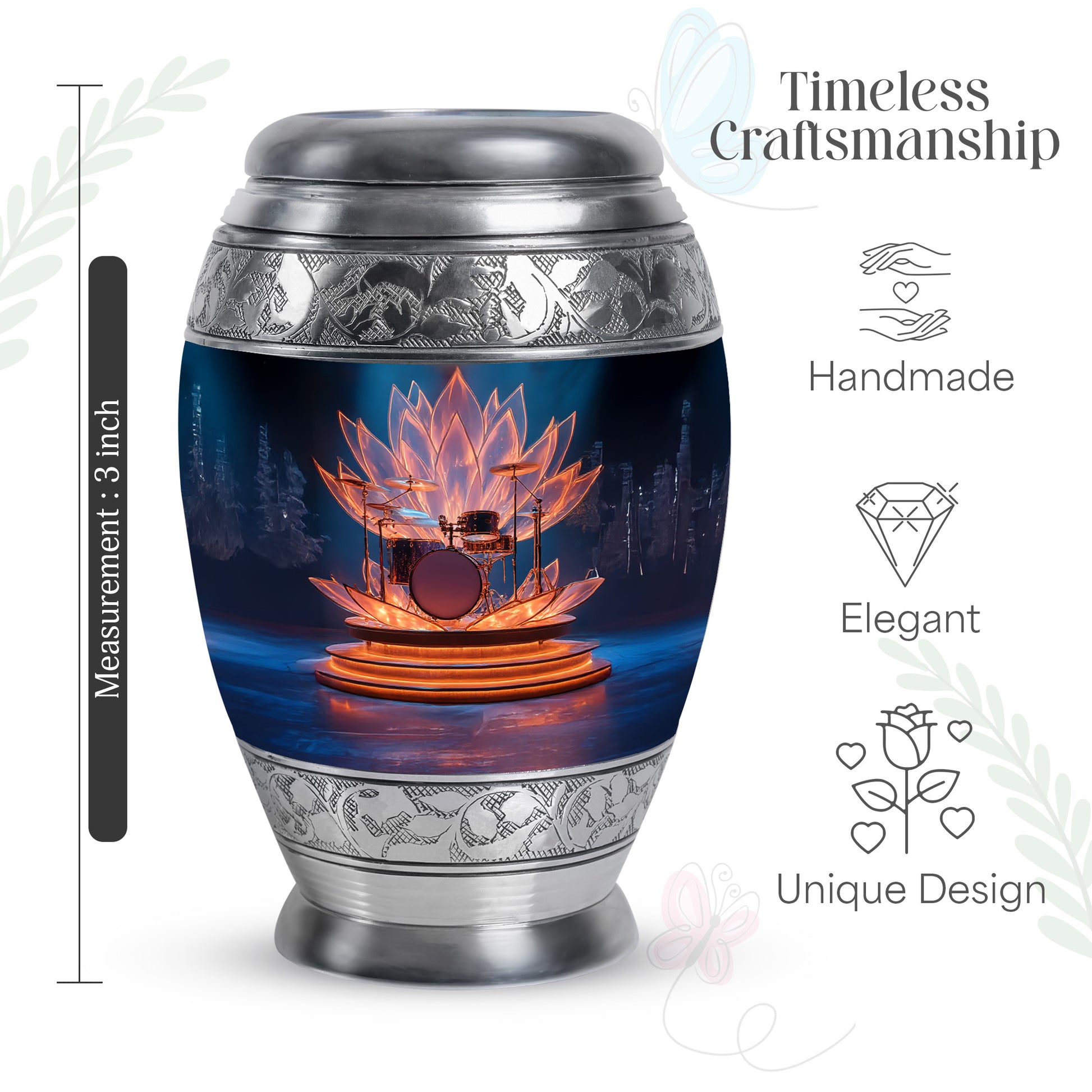 Indigo Drums Cremation Urn lifestyle display on memorial shelf - ornate monarch-style drums relief on brushed aluminum - mini keepsake memorial for portion of cremation ashes