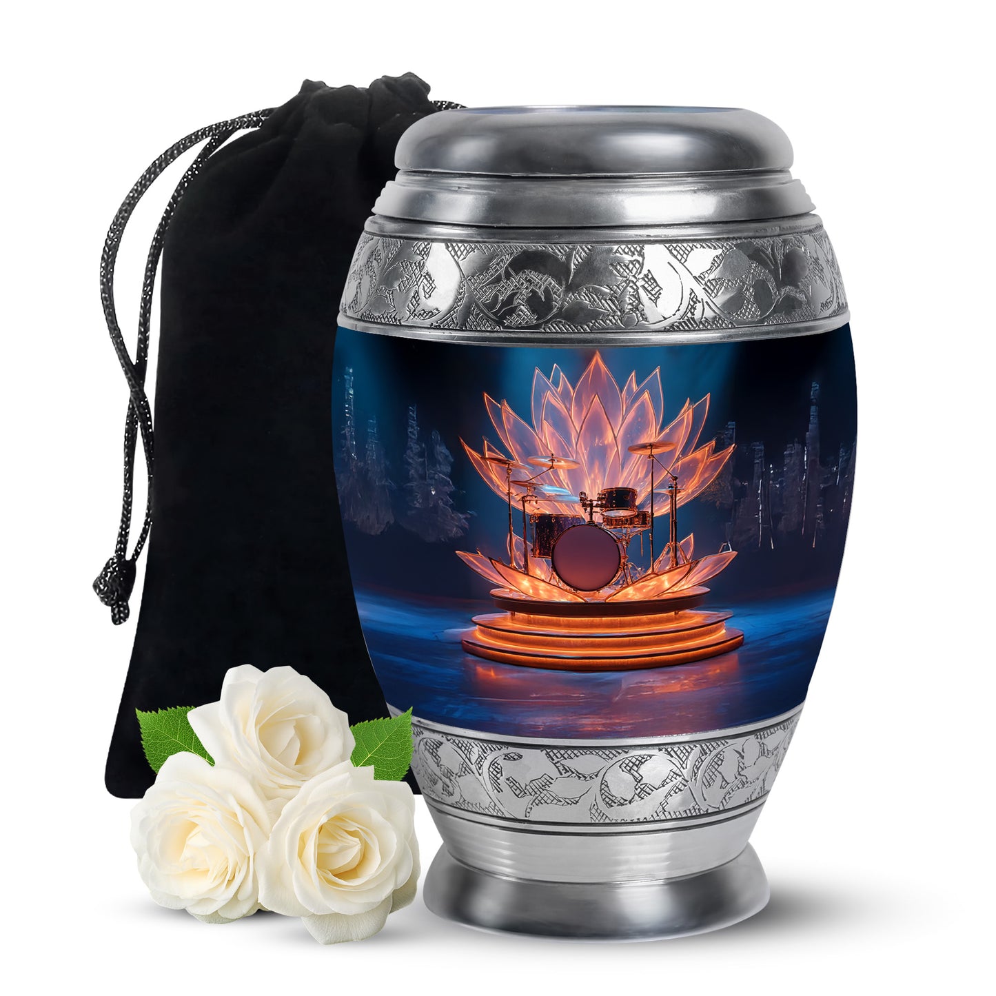 Bright Blue Drums Cremation Urn back view with polished surface - royal drums engraving with decorative scrollwork - full-size 10 inch 200 cubic inch adult cremation urn