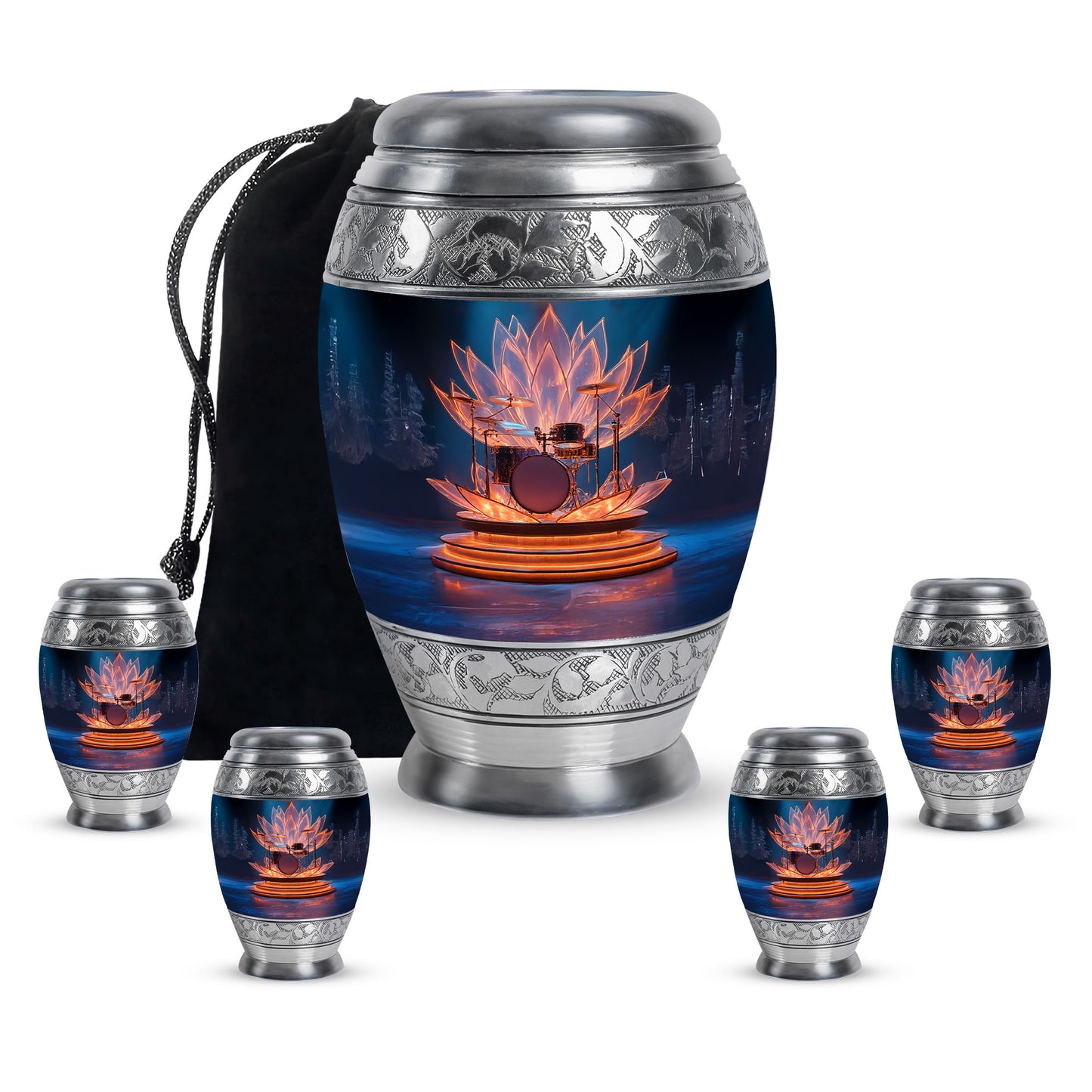 Celestial Blue Drums Cremation Urn detail view - ornate monarch-style drums relief on brushed aluminum - memorial set with one large and four small urns