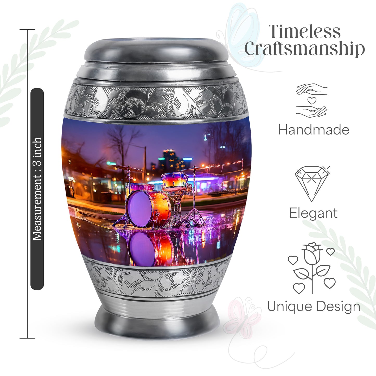 Sky Blue Drums Cremation Urn lifestyle display on memorial shelf - ornate monarch-style drums relief on brushed aluminum - mini keepsake memorial for portion of cremation ashes