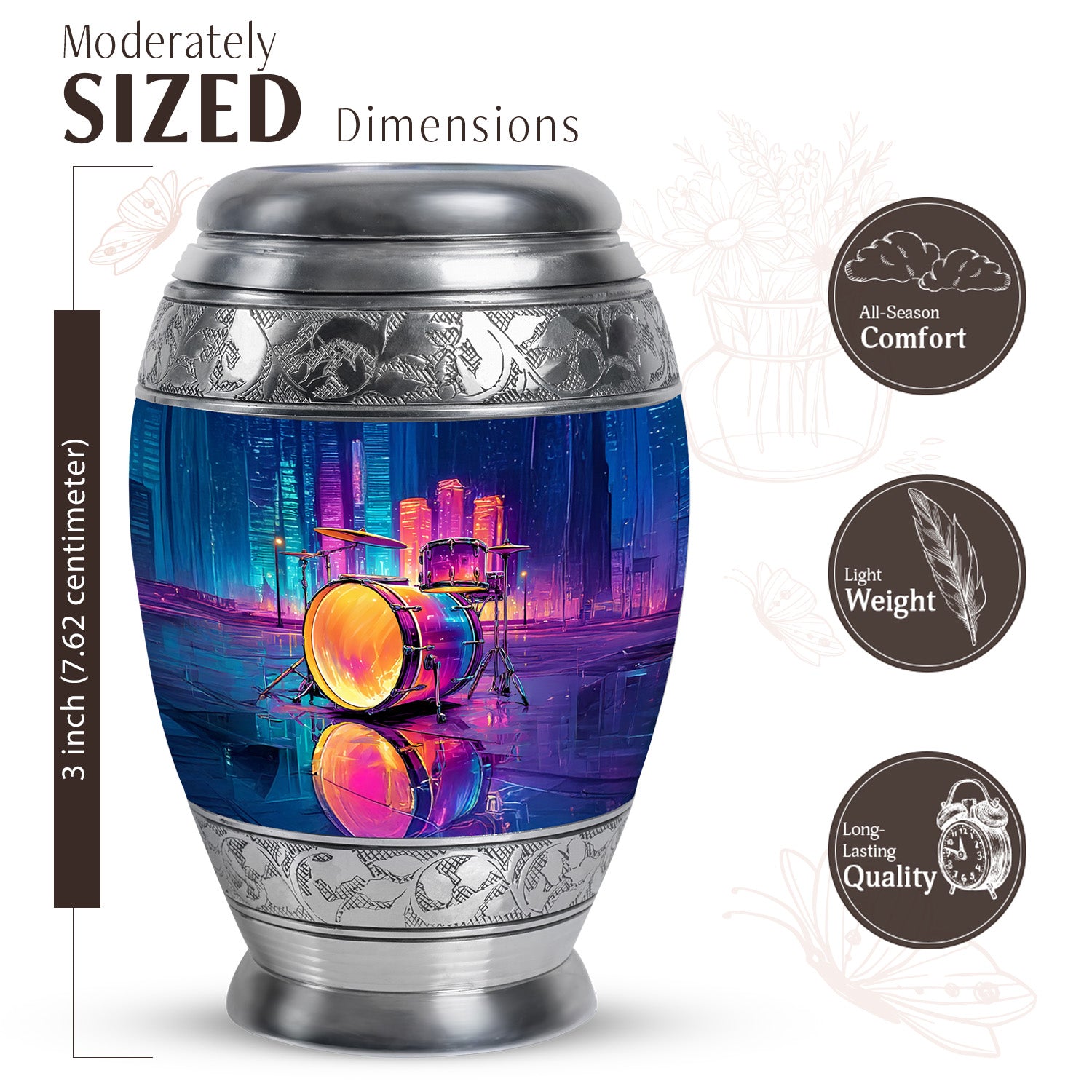 Misty Blue Drums Cremation Urn lifestyle display on memorial shelf - regal drums design with crown-inspired accents - mini keepsake memorial for portion of cremation ashes