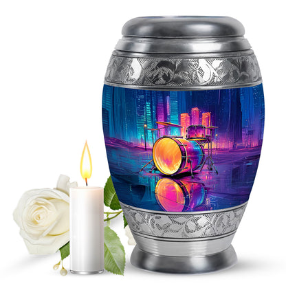 Icy Blue Drums Cremation Urn back view with polished surface - ornate monarch-style drums relief on brushed aluminum - full-size 10 inch 200 cubic inch adult cremation urn