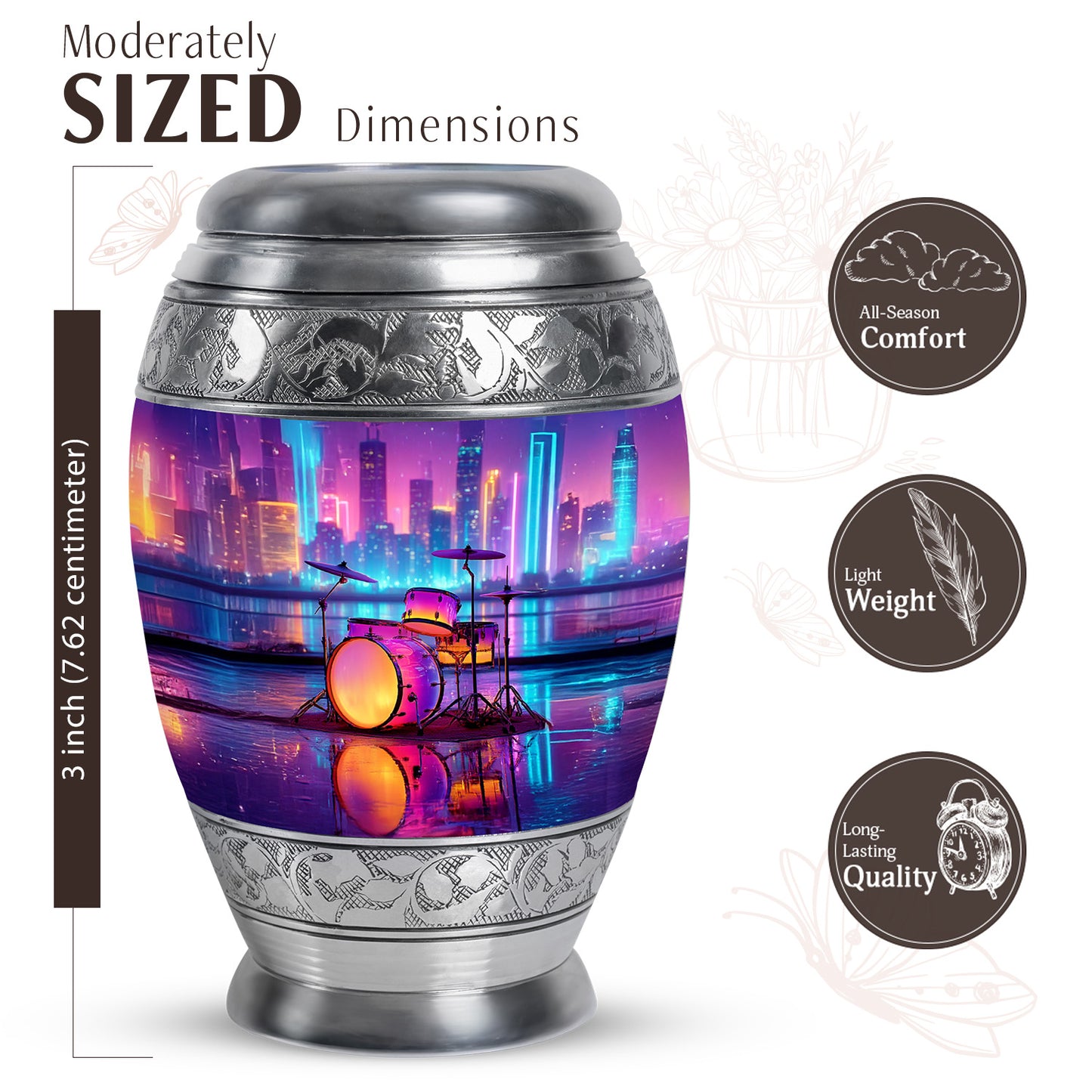 Soft Blue Drums Cremation Urn lifestyle display on memorial shelf - royal drums engraving with decorative scrollwork - mini keepsake memorial for portion of cremation ashes