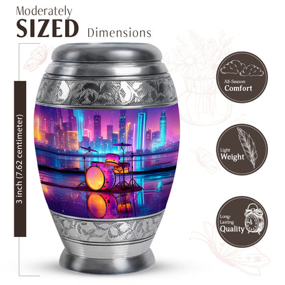 Soft Blue Drums Cremation Urn lifestyle display on memorial shelf - royal drums engraving with decorative scrollwork - mini keepsake memorial for portion of cremation ashes