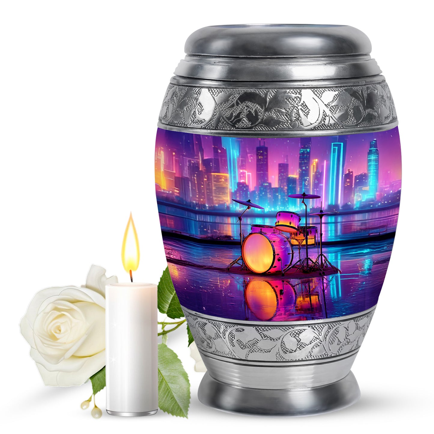 Icy Blue Drums Cremation Urn back view with polished surface - ornate monarch-style drums relief on brushed aluminum - full-size 10 inch 200 cubic inch adult cremation urn
