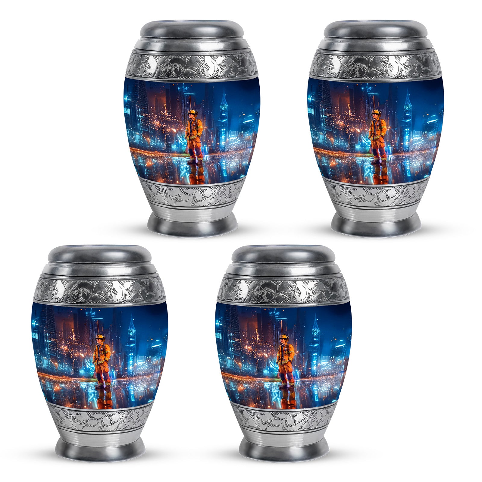 Soft Blue Firefighter Cremation Urn urn with complimentary velvet bag - majestic firefighter pattern with filigree border - 10 inch aluminum urn for cremated remains
