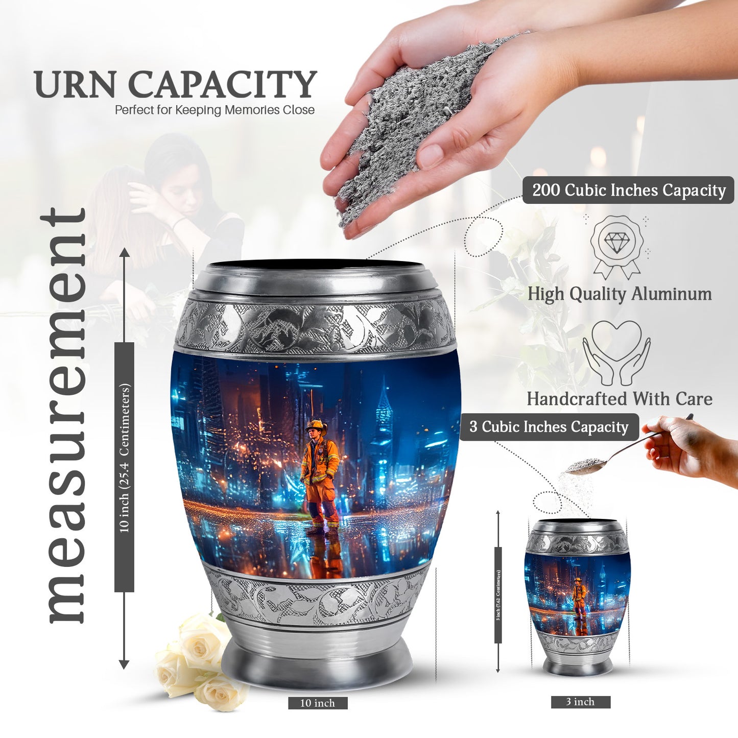 Sky Blue Firefighter Cremation Urn lifestyle display on memorial shelf - ornate monarch-style firefighter relief on brushed aluminum - mini keepsake memorial for portion of cremation ashes