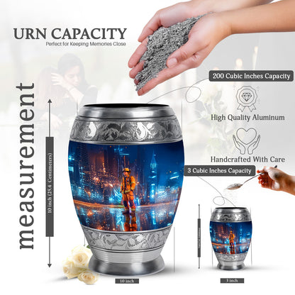 Sky Blue Firefighter Cremation Urn lifestyle display on memorial shelf - ornate monarch-style firefighter relief on brushed aluminum - mini keepsake memorial for portion of cremation ashes