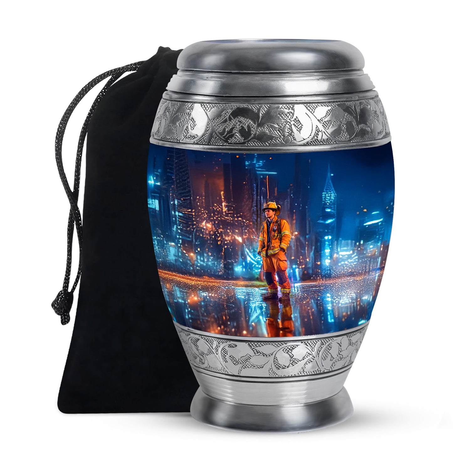 Twilight Blue Firefighter Cremation Urn back view with polished surface - royal firefighter engraving with decorative scrollwork - full-size 10 inch 200 cubic inch adult cremation urn