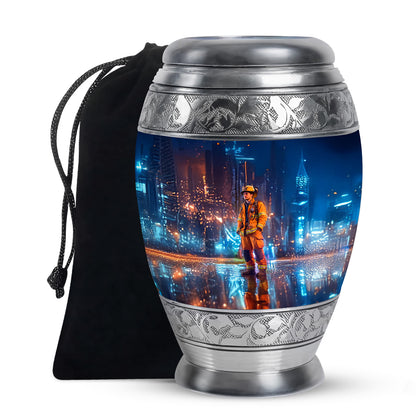 Twilight Blue Firefighter Cremation Urn back view with polished surface - royal firefighter engraving with decorative scrollwork - full-size 10 inch 200 cubic inch adult cremation urn