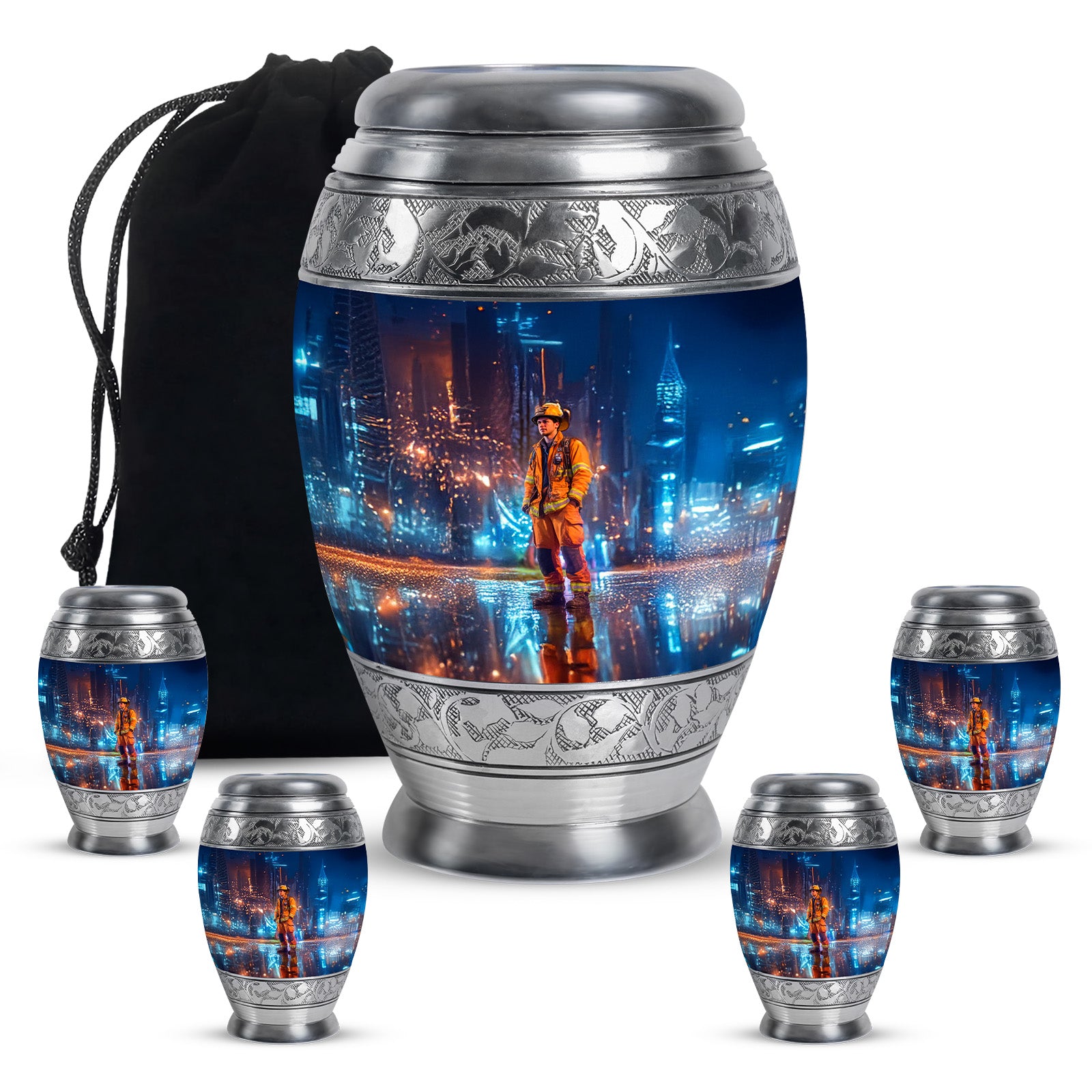 Misty Blue Firefighter Cremation Urn detail view - regal firefighter design with crown-inspired accents - memorial set with one large and four small urns