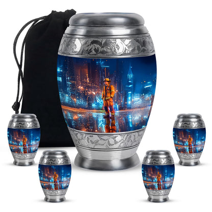 Misty Blue Firefighter Cremation Urn detail view - regal firefighter design with crown-inspired accents - memorial set with one large and four small urns