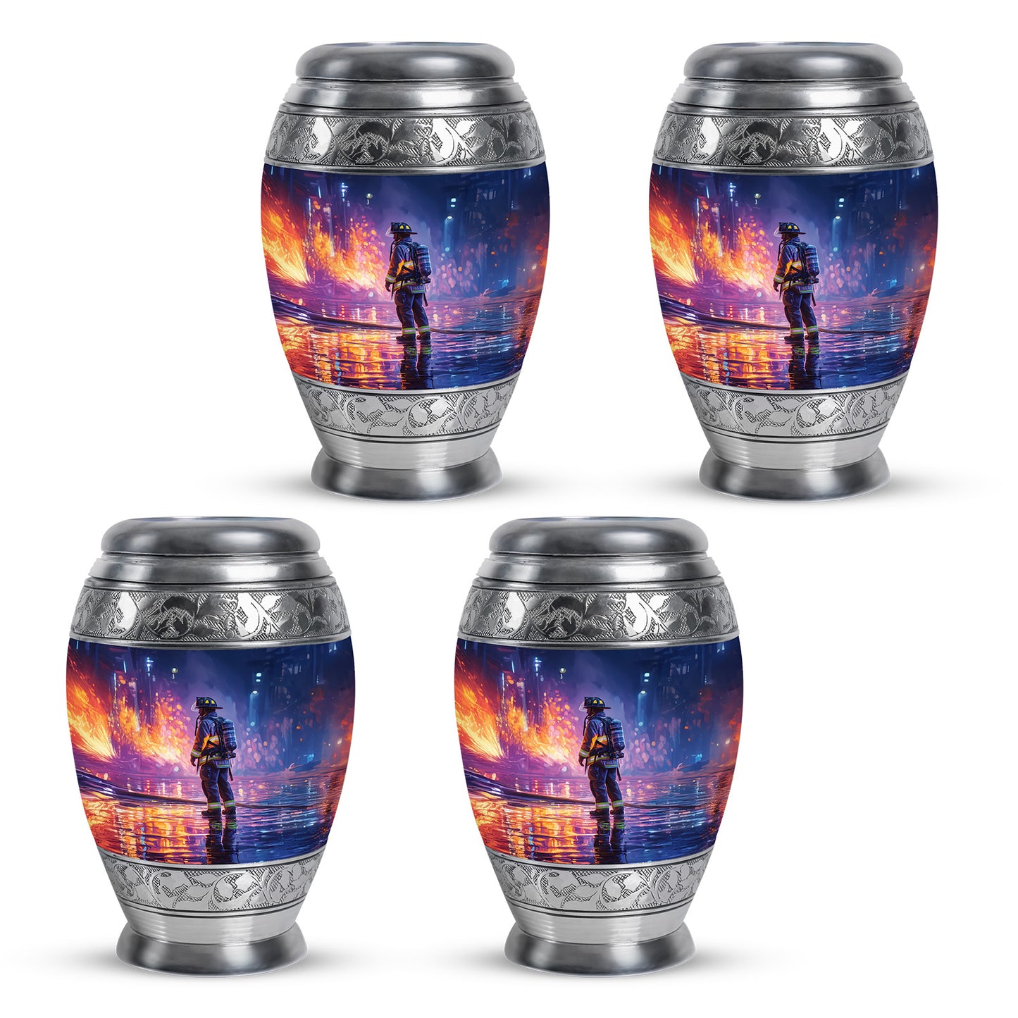 Bright Blue Firefighter Cremation Urn urn with complimentary velvet bag - majestic firefighter pattern with filigree border - 10 inch aluminum urn for cremated remains