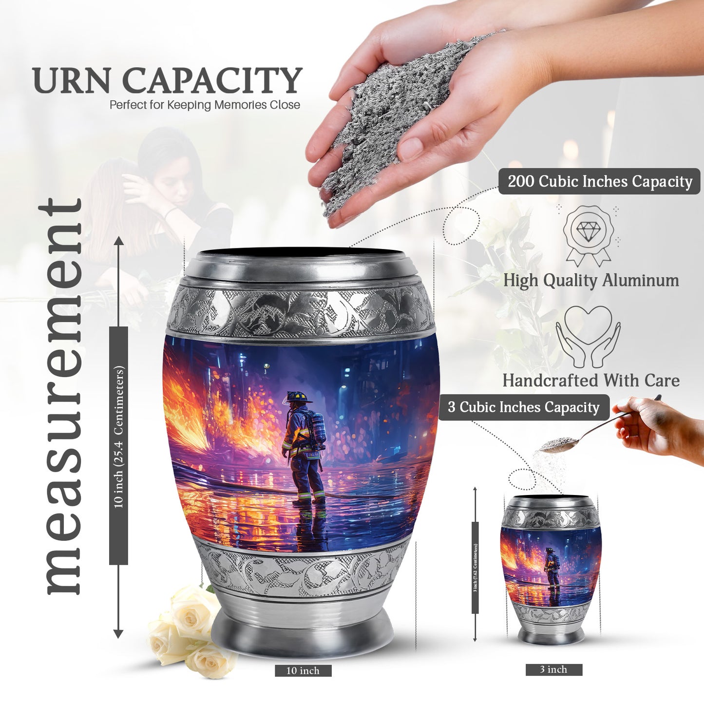 Indigo Firefighter Cremation Urn lifestyle display on memorial shelf - regal firefighter design with crown-inspired accents - mini keepsake memorial for portion of cremation ashes