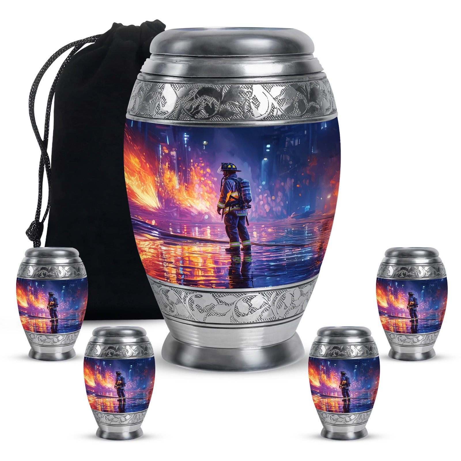 Bright Blue Firefighter Cremation Urn detail view - royal firefighter engraving with decorative scrollwork - memorial set with one large and four small urns