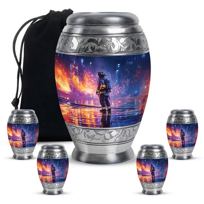 Bright Blue Firefighter Cremation Urn detail view - royal firefighter engraving with decorative scrollwork - memorial set with one large and four small urns
