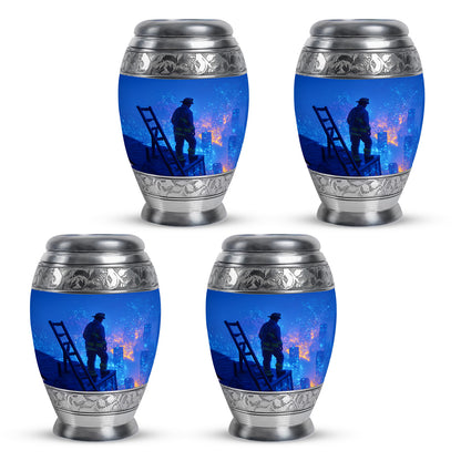 Pastel Blue Firefighter Cremation Urn urn with complimentary velvet bag - ornate monarch-style firefighter relief on brushed aluminum - 10 inch aluminum urn for cremated remains