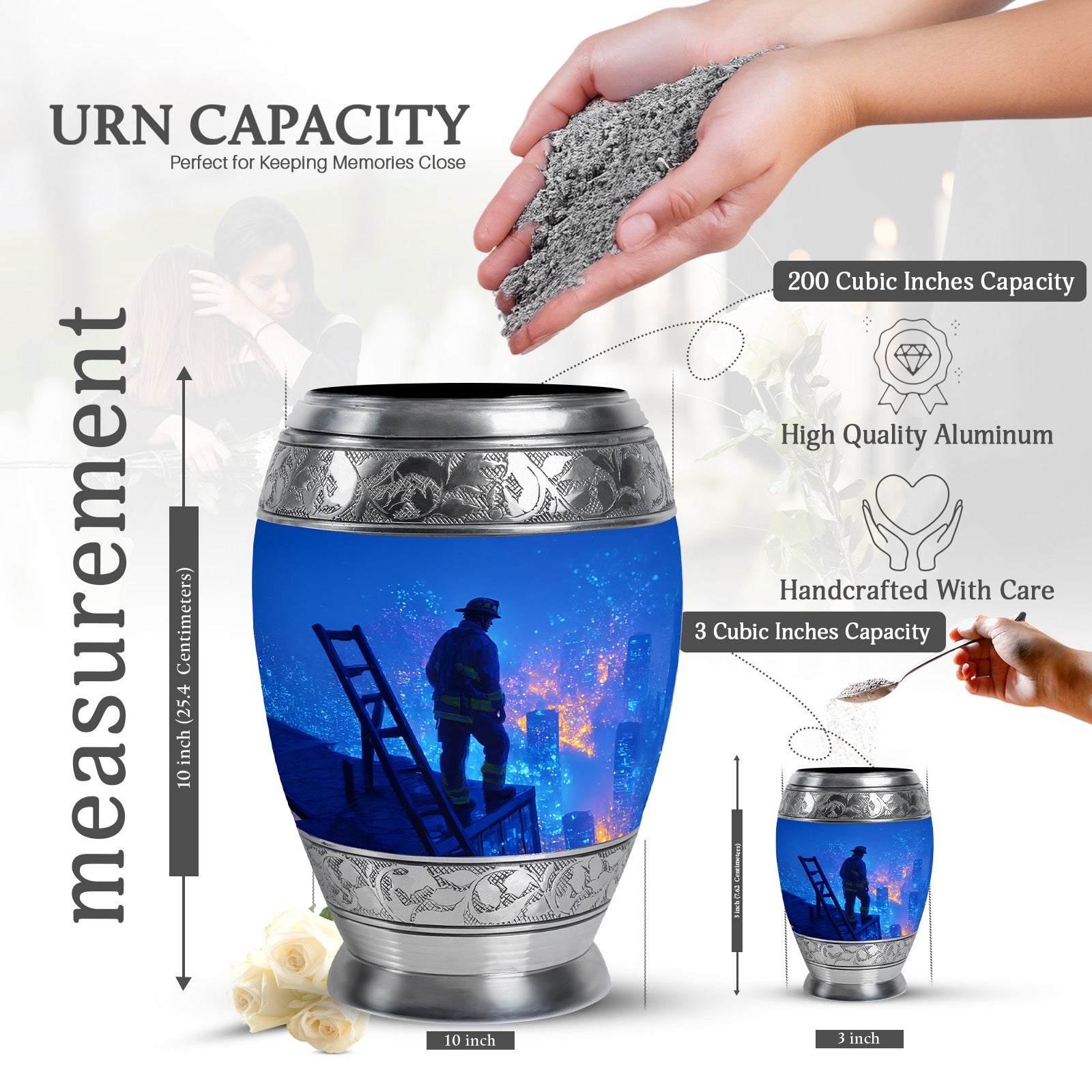 Dusty Blue Firefighter Cremation Urn lifestyle display on memorial shelf - regal firefighter design with crown-inspired accents - mini keepsake memorial for portion of cremation ashes