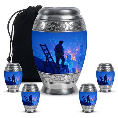 Azure Firefighter Cremation Urn detail view - regal firefighter design with crown-inspired accents - memorial set with one large and four small urns