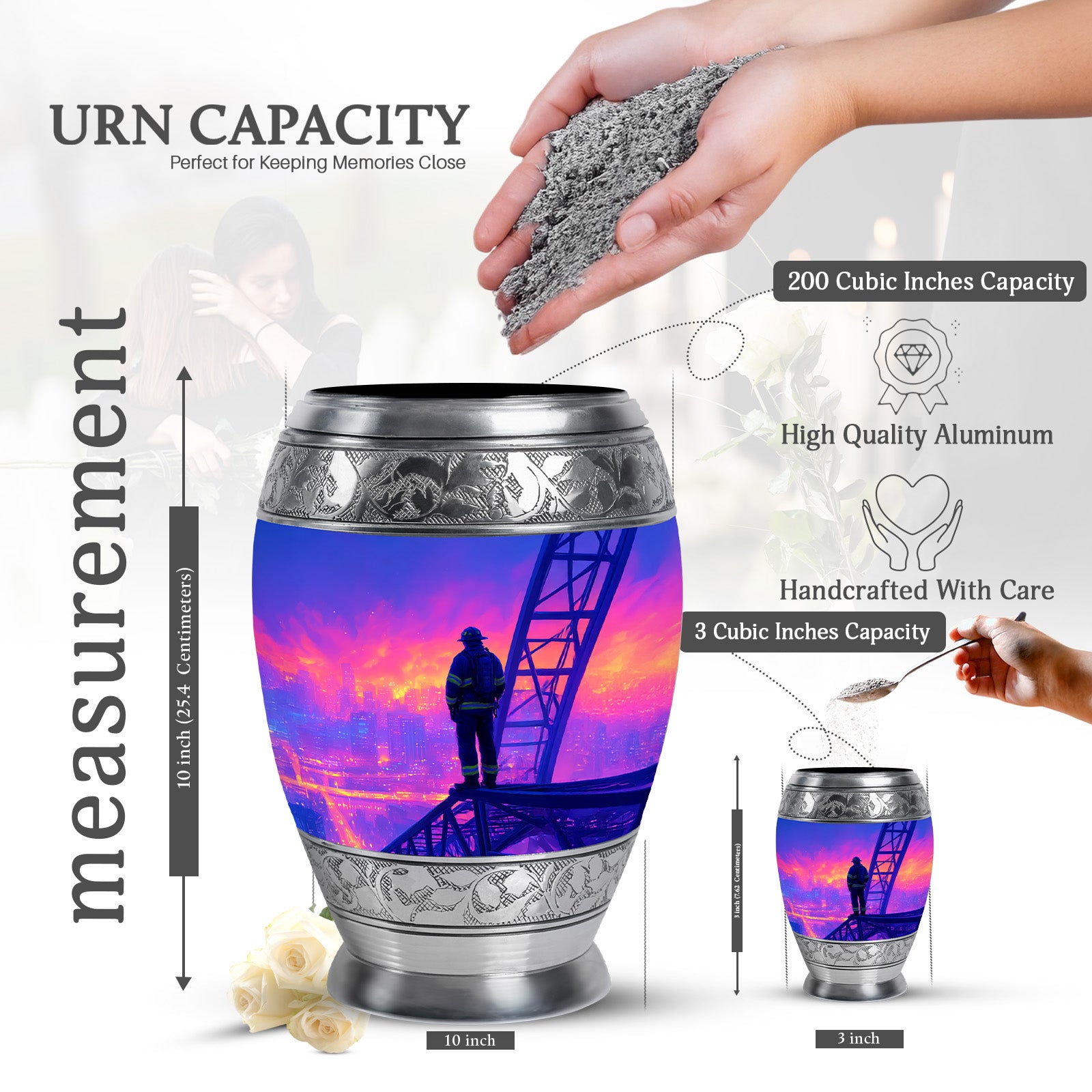 Icy Blue Firefighter Cremation Urn lifestyle display on memorial shelf - regal firefighter design with crown-inspired accents - mini keepsake memorial for portion of cremation ashes