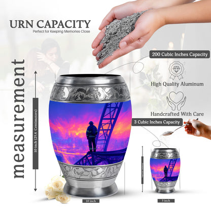 Icy Blue Firefighter Cremation Urn lifestyle display on memorial shelf - regal firefighter design with crown-inspired accents - mini keepsake memorial for portion of cremation ashes