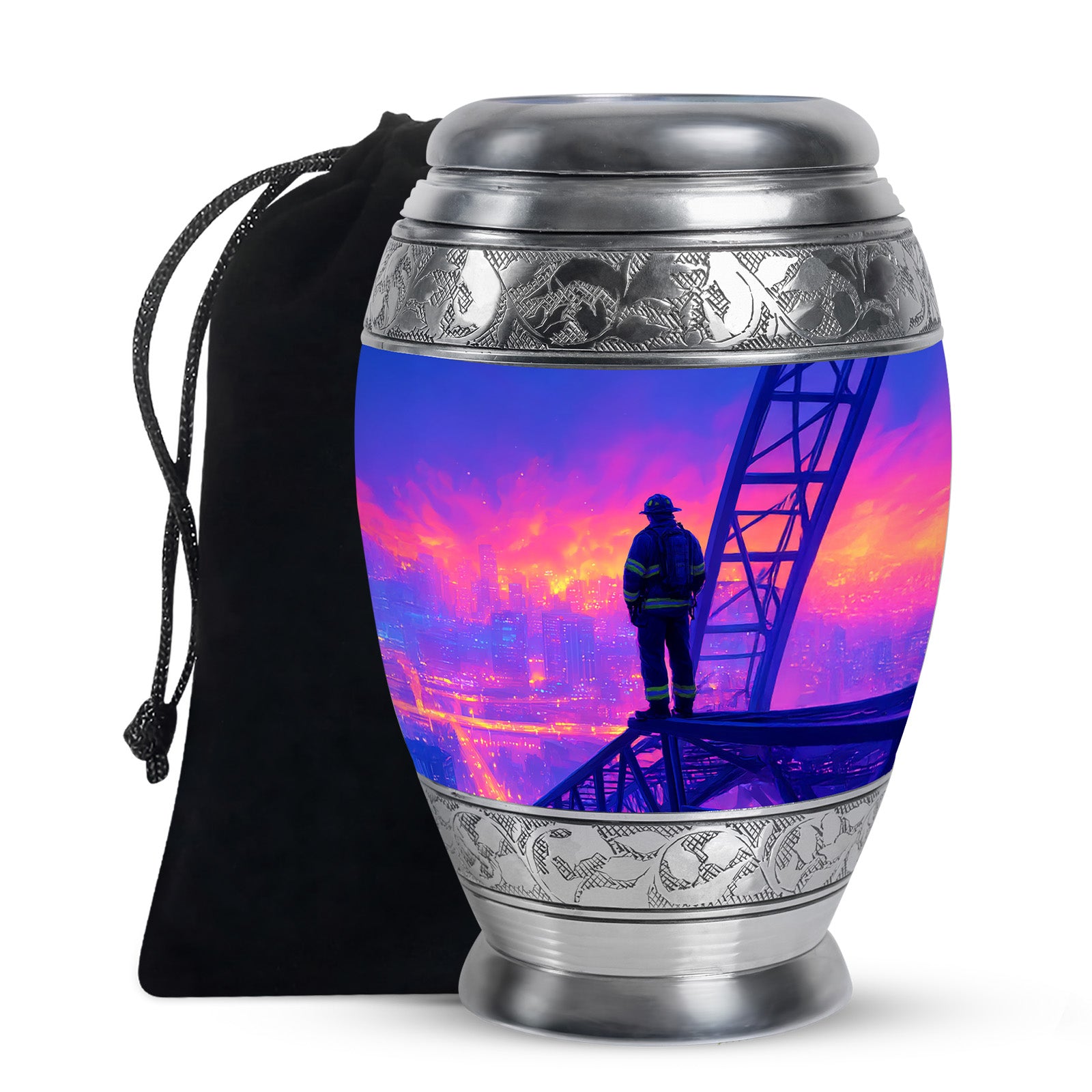 Twilight Blue Firefighter Cremation Urn back view with polished surface - royal firefighter engraving with decorative scrollwork - full-size 10 inch 200 cubic inch adult cremation urn