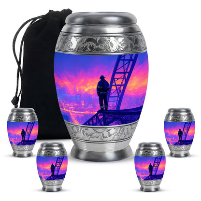 Steel Blue Firefighter Cremation Urn detail view - majestic firefighter pattern with filigree border - memorial set with one large and four small urns