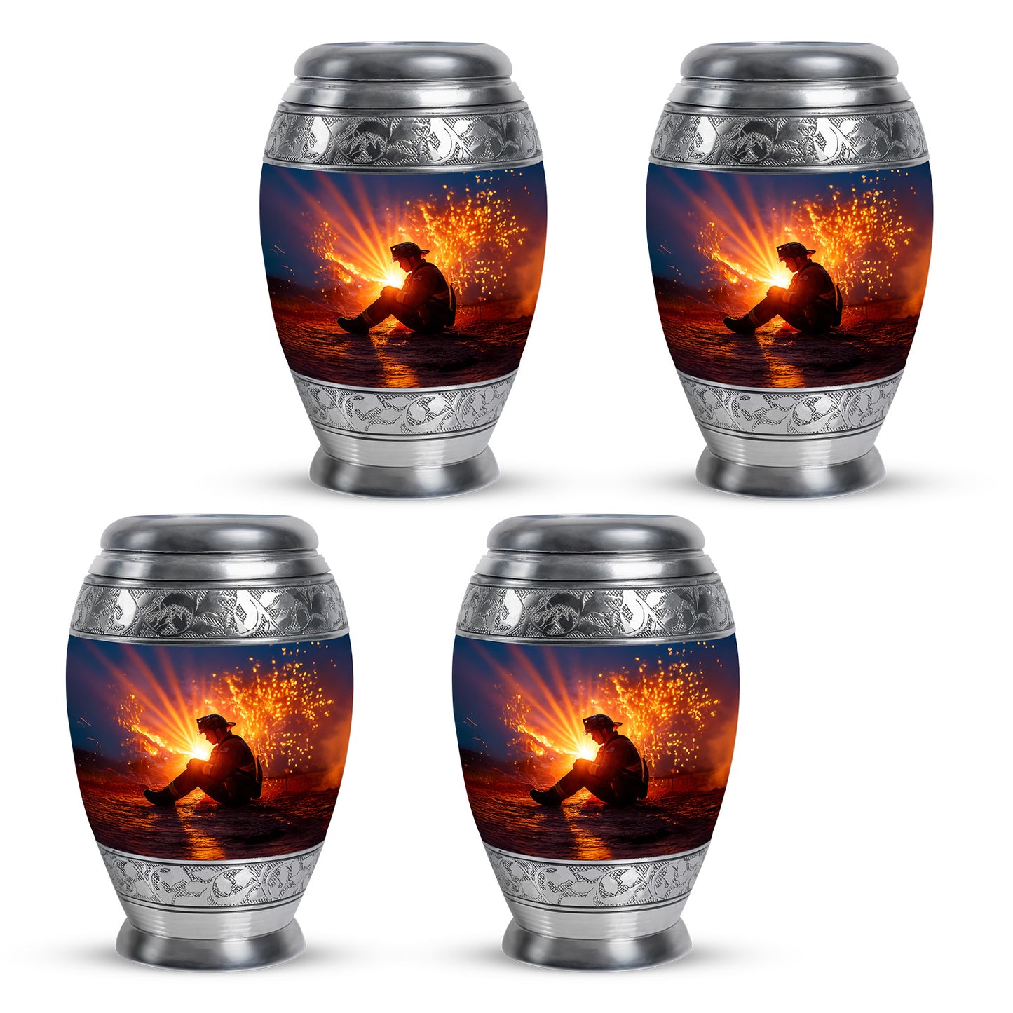 Bright Blue Firefighter Cremation Urn urn with complimentary velvet bag - majestic firefighter pattern with filigree border - 10 inch aluminum urn for cremated remains