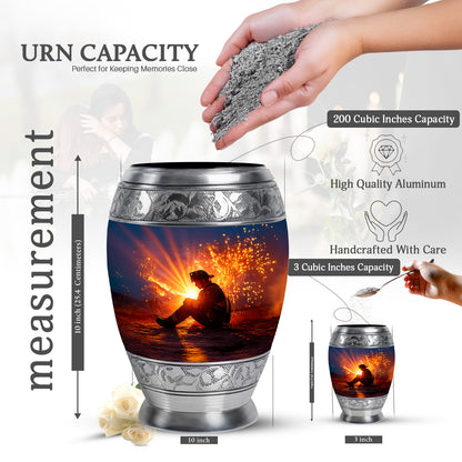 Royal Blue Firefighter Cremation Urn lifestyle display on memorial shelf - majestic firefighter pattern with filigree border - mini keepsake memorial for portion of cremation ashes