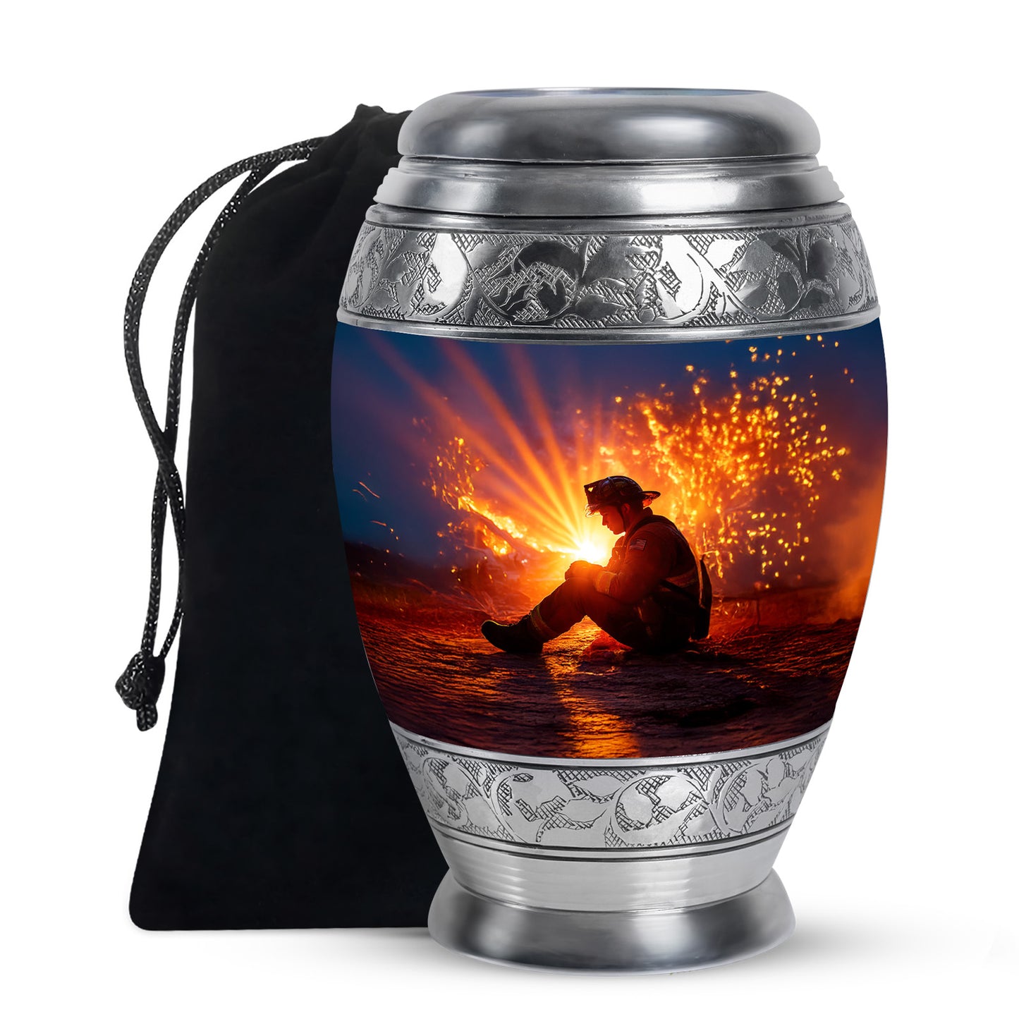 Vivid Blue Firefighter Cremation Urn back view with polished surface - royal firefighter engraving with decorative scrollwork - full-size 10 inch 200 cubic inch adult cremation urn