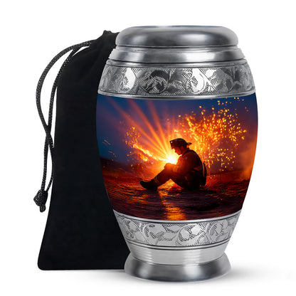Vivid Blue Firefighter Cremation Urn back view with polished surface - royal firefighter engraving with decorative scrollwork - full-size 10 inch 200 cubic inch adult cremation urn