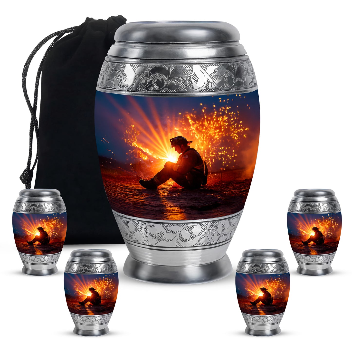 Indigo Firefighter Cremation Urn detail view - ornate monarch-style firefighter relief on brushed aluminum - memorial set with one large and four small urns